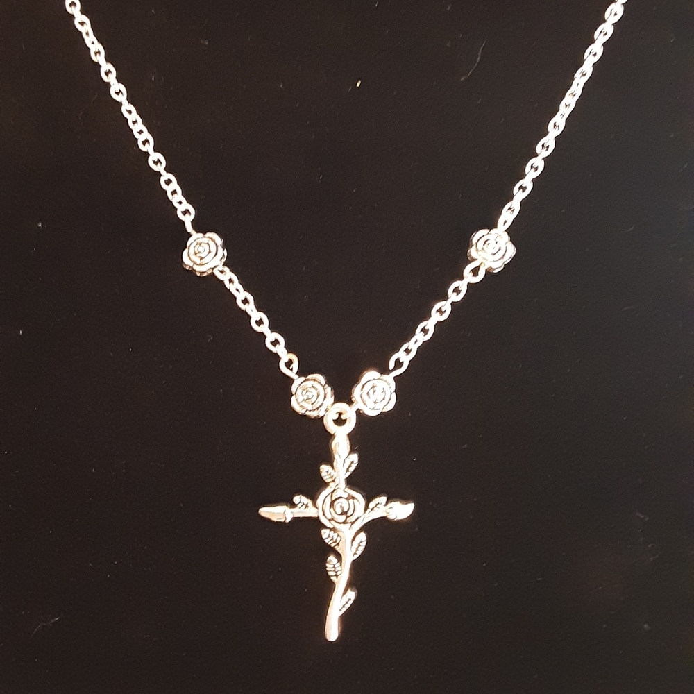 Handmade Rose Cross Necklace Silvertone